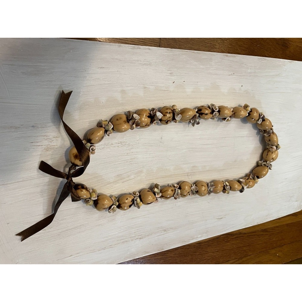 Hawaiian Kukui Nut Spotted Seashell‎ Necklace Lei Shell Brown Beach Boho Large